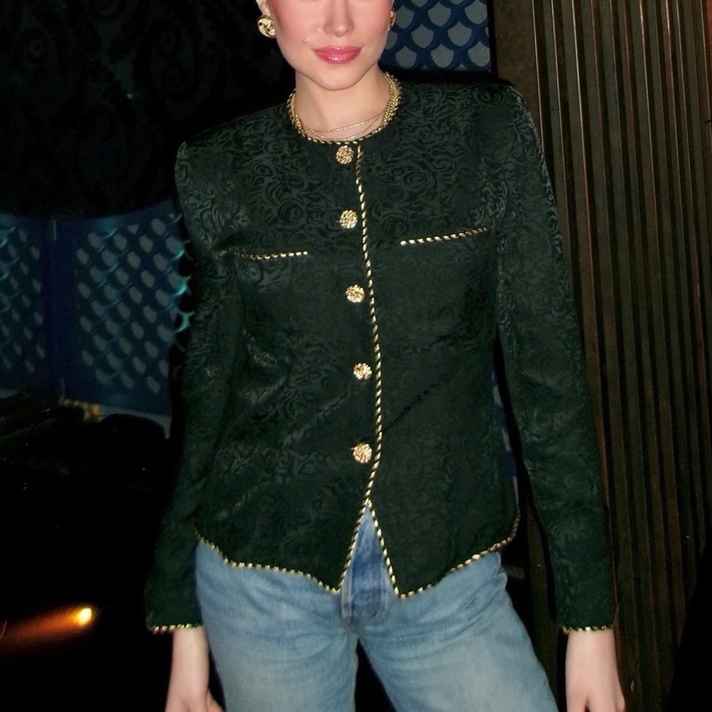 Vintage 100% Silk Structured Jacket / Top – Black with Gold Details